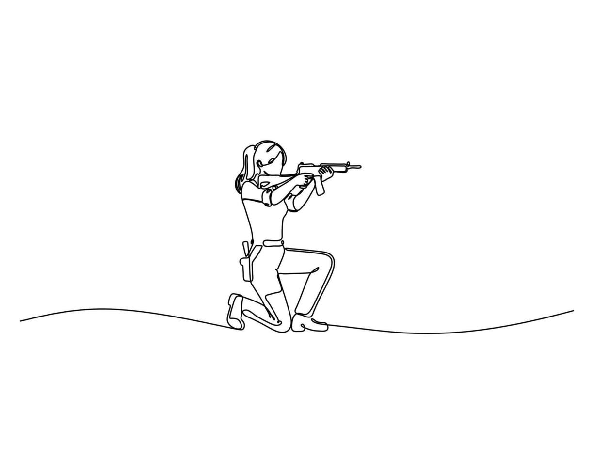 Continuous line drawing of a person kneeling and aiming a rifle, showcasing precision and focus in shooting sports or military training vector