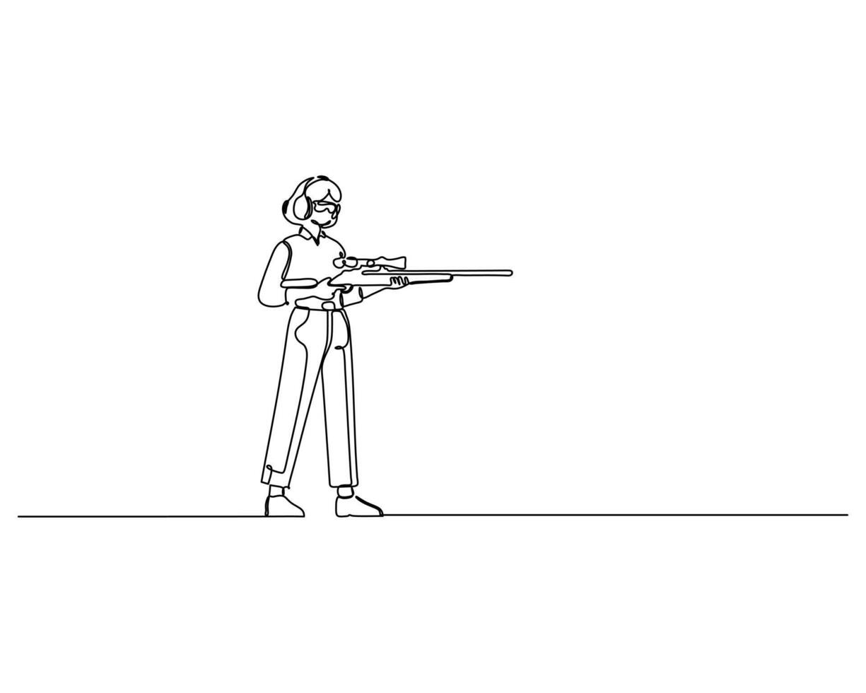 a woman standing and holding a rifle, wearing protective earmuffs and glasses. Minimalist design captures the focus and precision required in shooting sports or training vector