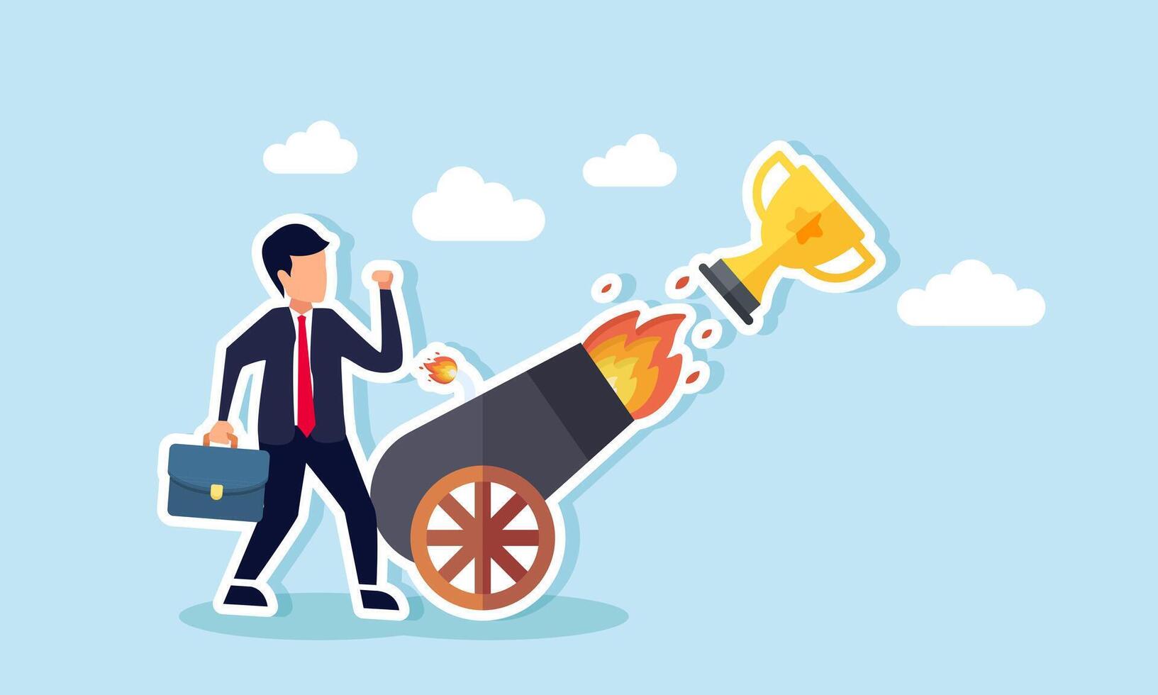 Businessman standing next to a cannon launching a trophy, illustration of efforts to increase achievements and performance as a leading company vector