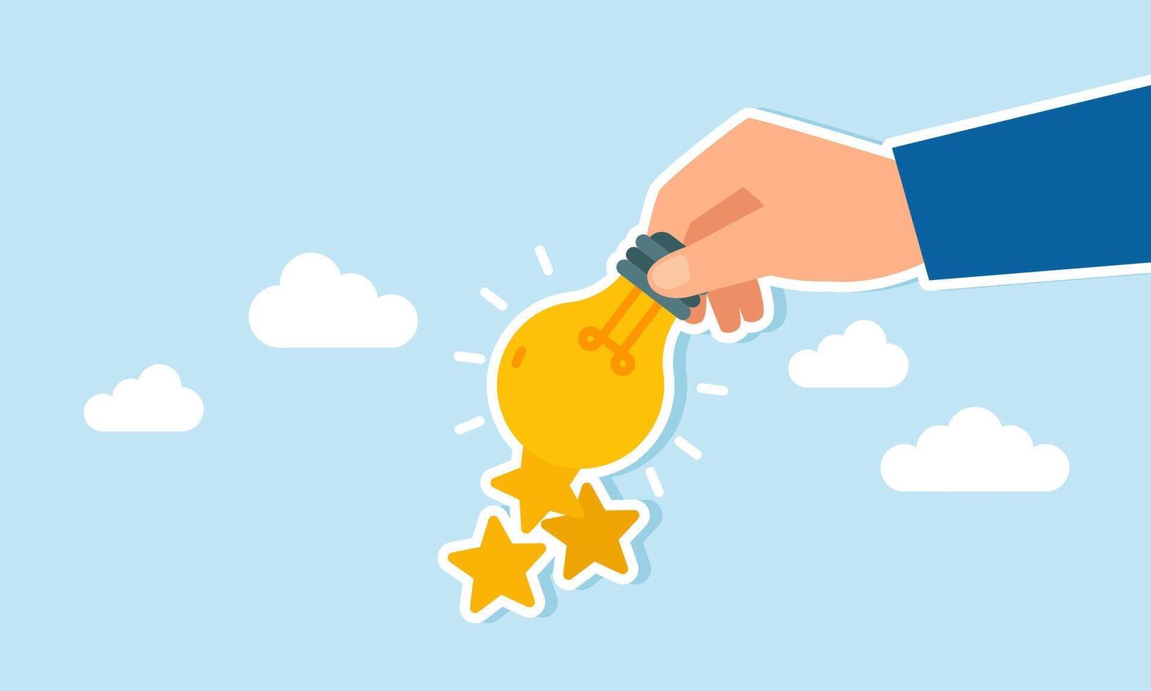 Hand holding a glowing lamp emitting stars, illustration of ideas and innovation to improve business ratings and quality vector
