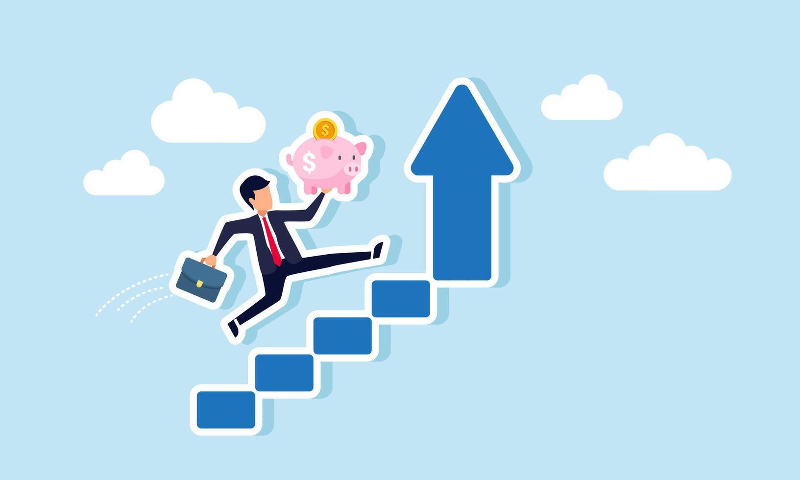 Businessman carrying a piggy bank running up ascending stairs, illustration of progress in increasing the amount of investment assets vector