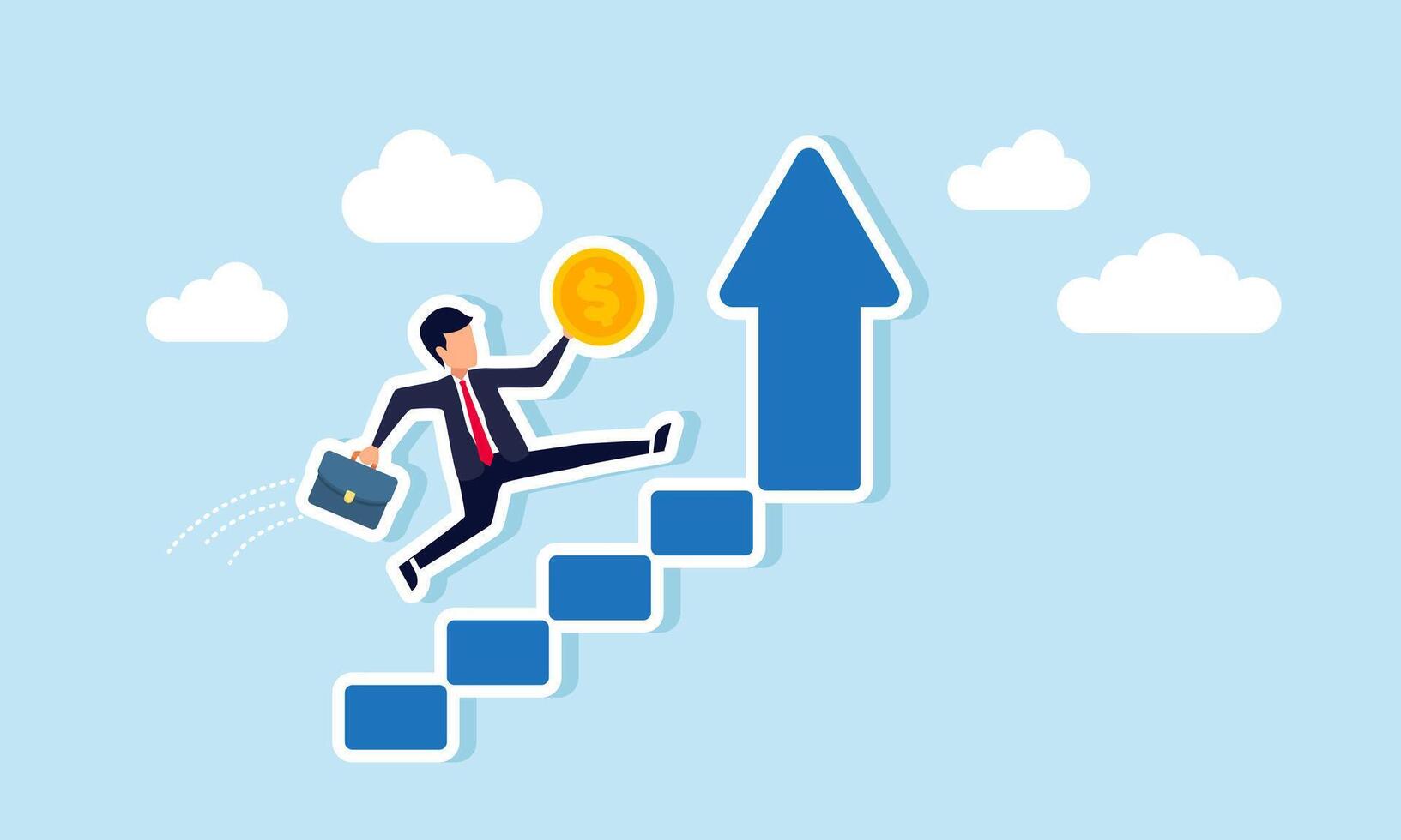 Businessman carrying a dollar coin running up ascending stairs, illustration of progress in boosting income, profit, and revenue vector