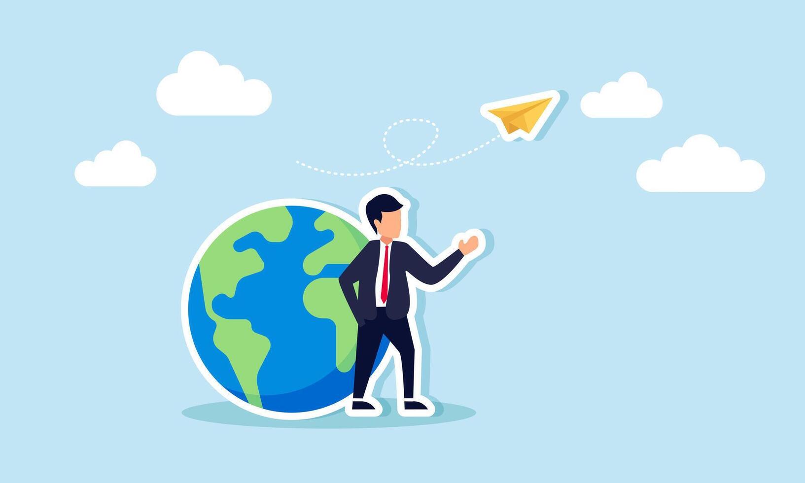 A businessman standing next to a globe observing flying paper planes, illustration of monitoring and analyzing business trends to make a business global vector
