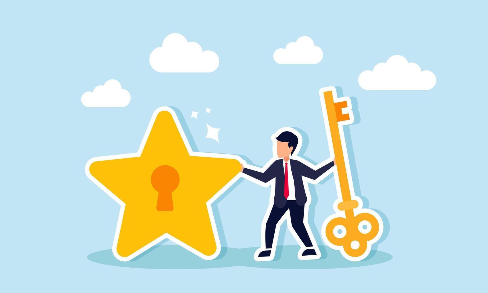 A businessman holding a key standing next to a star with a keyhole, illustration of a solution to improve business quality vector