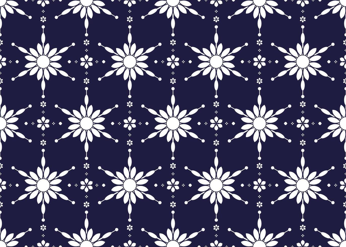 White symbol floral on dark blue background, ethnic fabric seamless pattern, design for cloth, carpet, batik, wallpaper, wrapping etc. vector