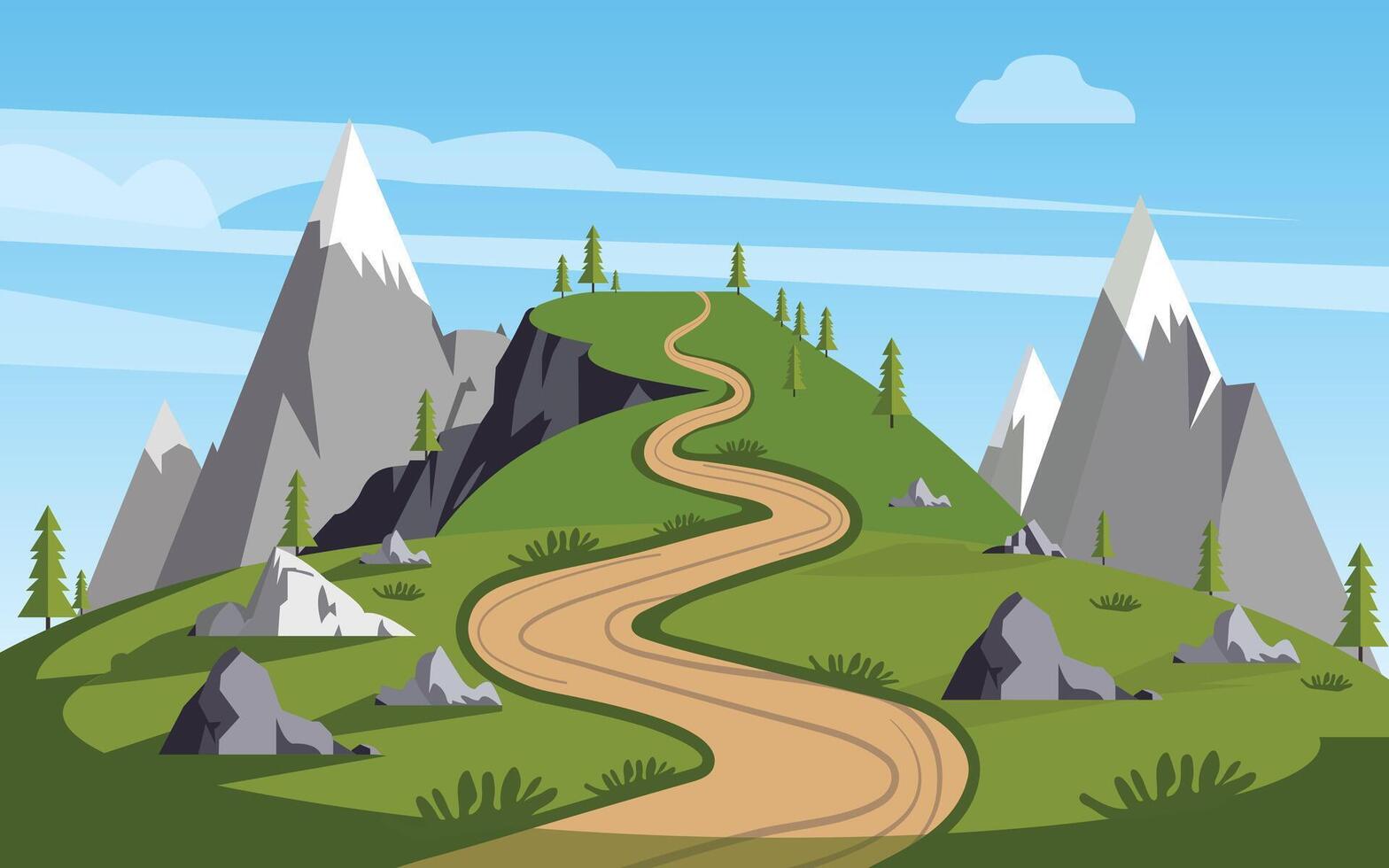 A cartoon illustration of a road going through a green landscape with mountains and trees. vector