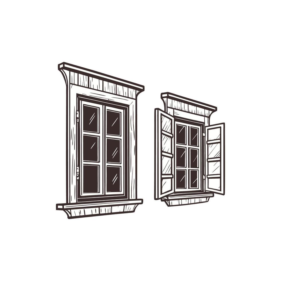 Two windows with a window frame and a window sill vector