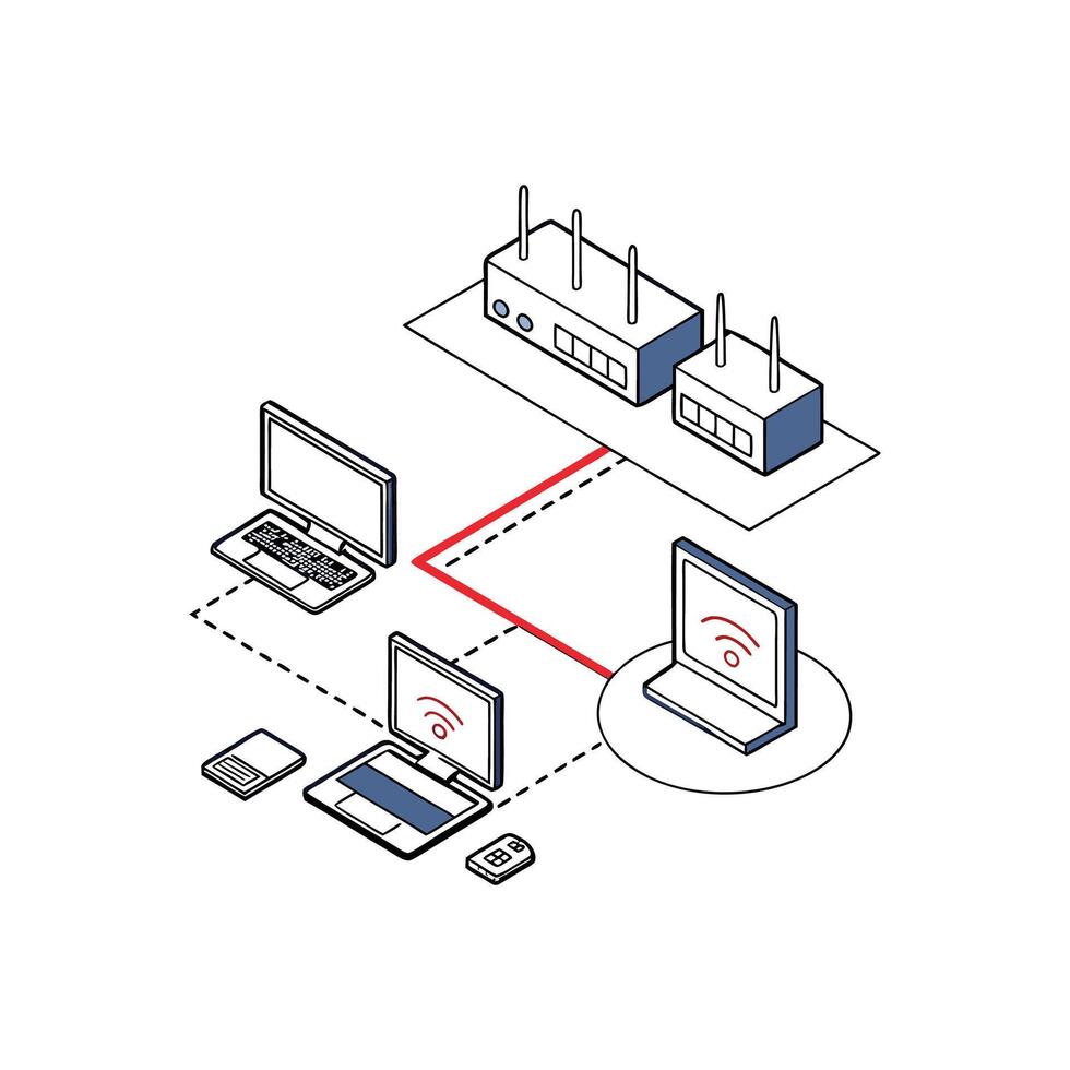 A diagram of a computer and a laptop connected to a router vector