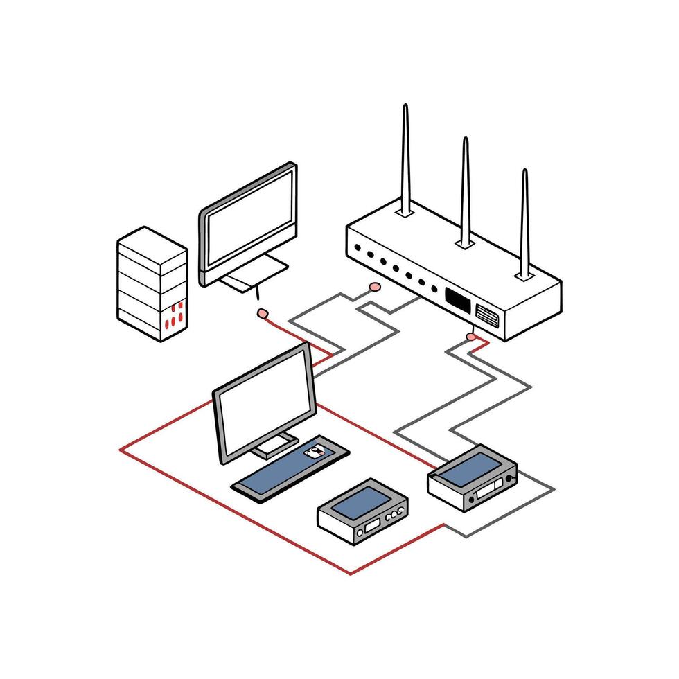 A diagram of a computer and a router vector