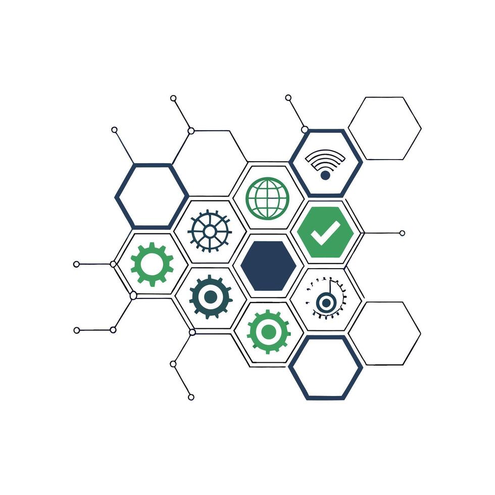 A hexagon with icons and a green and white background vector