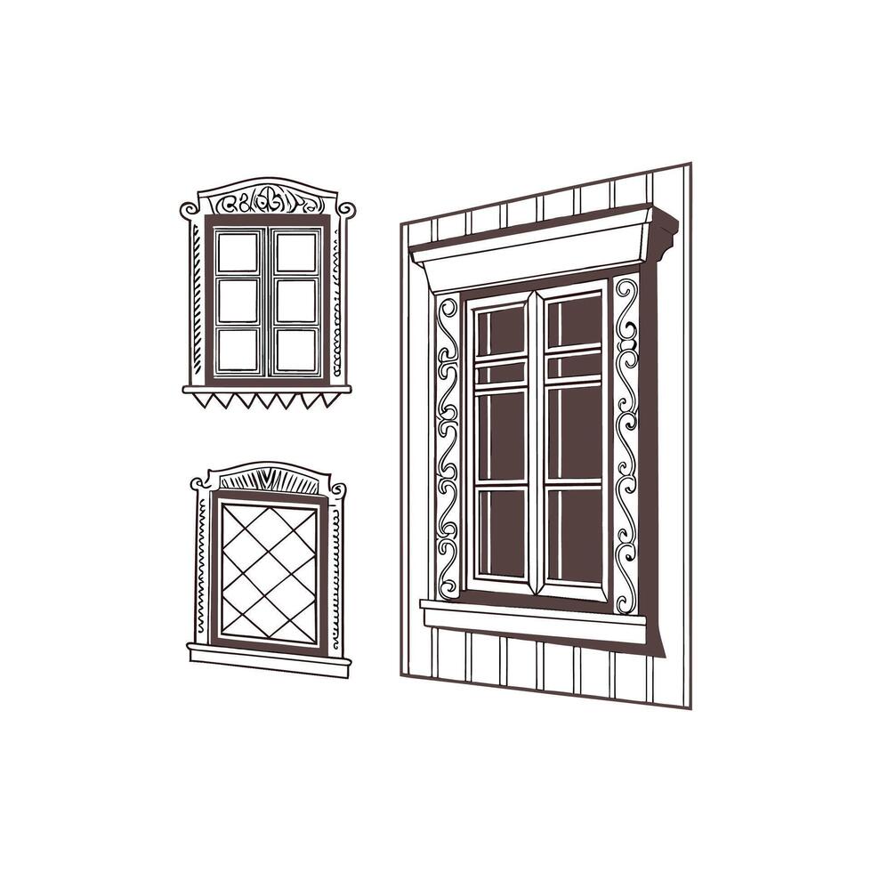 A set of three different windows and a window frame vector