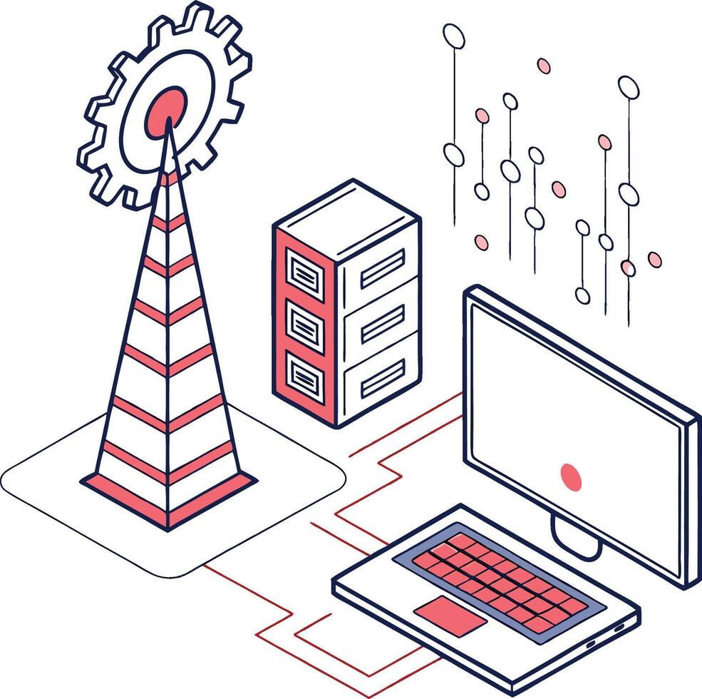 A laptop computer and a tower with a clock vector