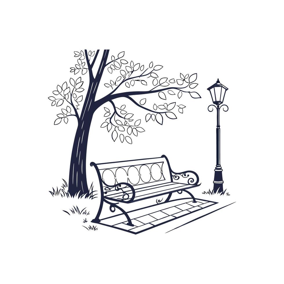 A bench and lamp under a tree vector