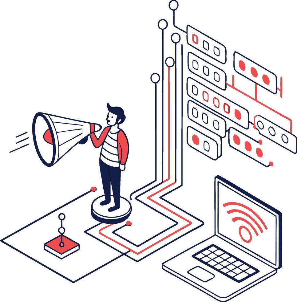 A man is standing next to a laptop and a megaphone vector