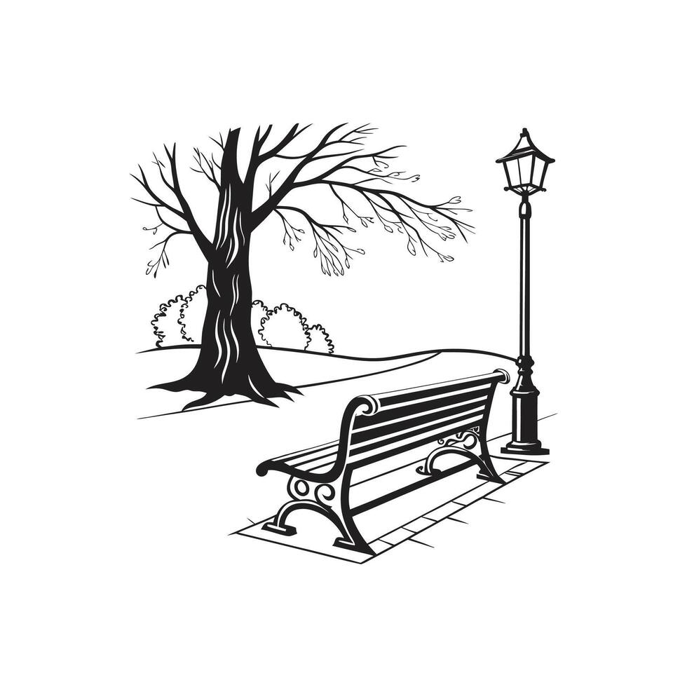 A black and white drawing of a bench and lamp post vector
