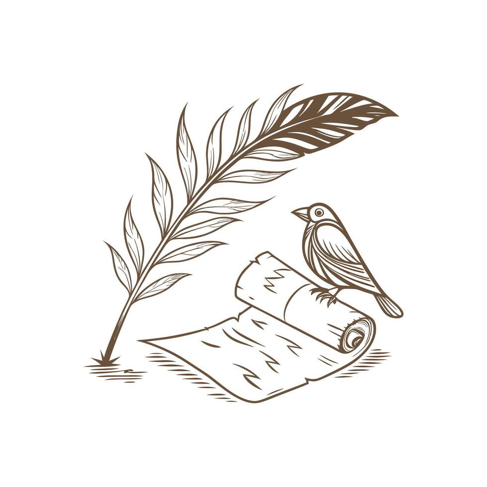 A bird sitting on a scroll and a feather vector