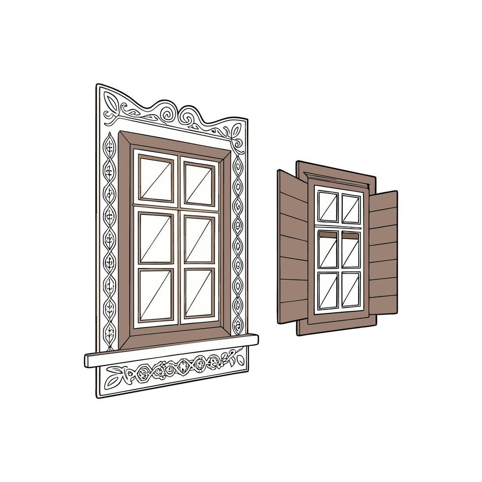 Two windows with ornate designs and shutters vector