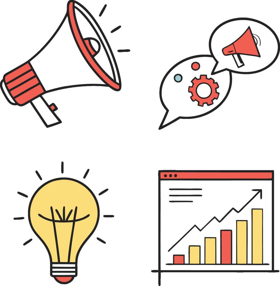 A set of icons that include a megaphone, a light bulb and a computer vector