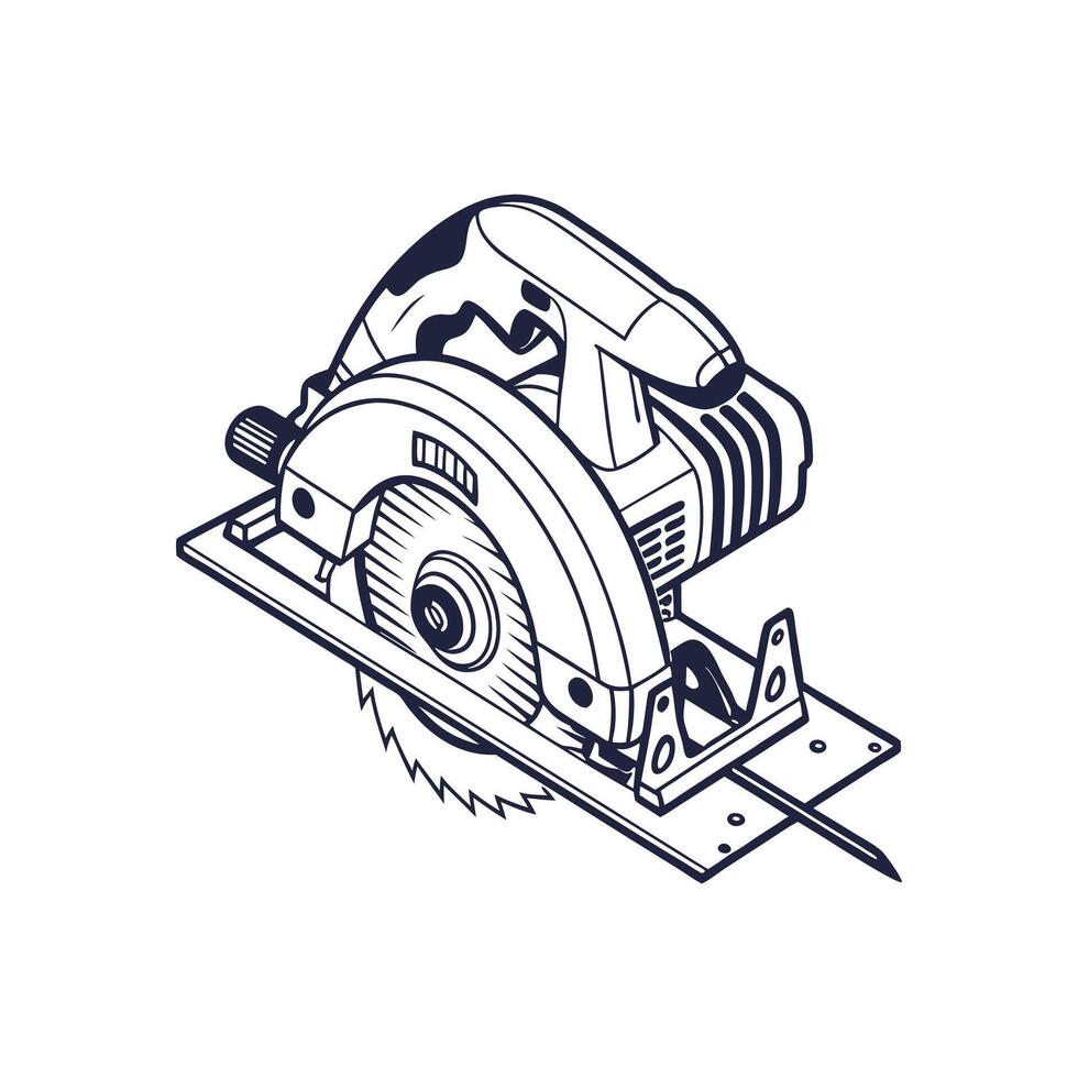A circular saw is shown in a black and white drawing vector