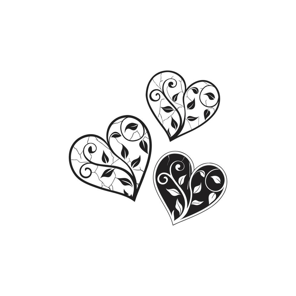 Two black and white hearts with floral designs vector