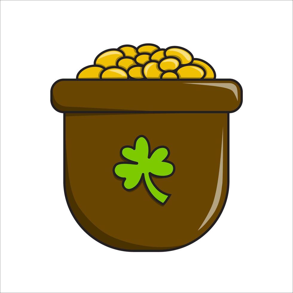 This is an illustration of a brown pot filled with gold coins, adorned with a green clover leaf. It symbolizes good fortune, wealth, and Irish culture, often linked to St. Patrick's Day. vector
