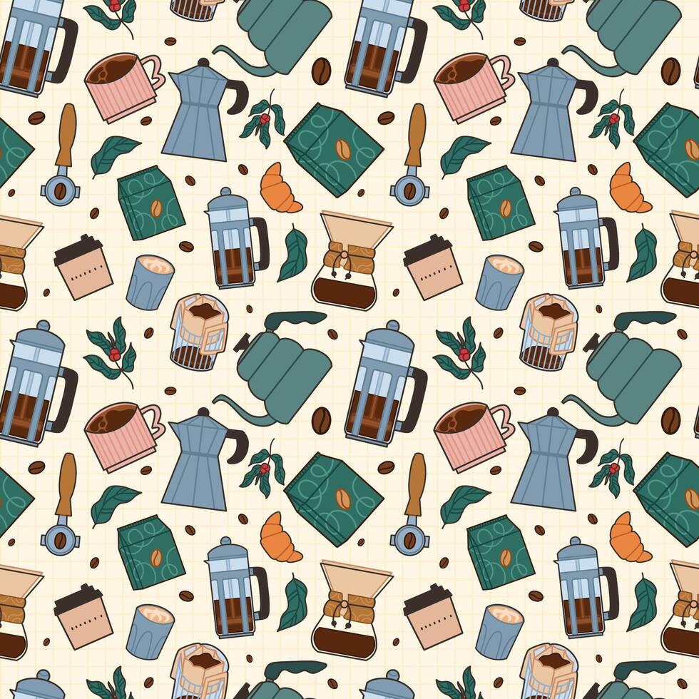 Seamless Coffee-Themed Pattern Featuring Cups, Beans, Accessories, and Pastries vector