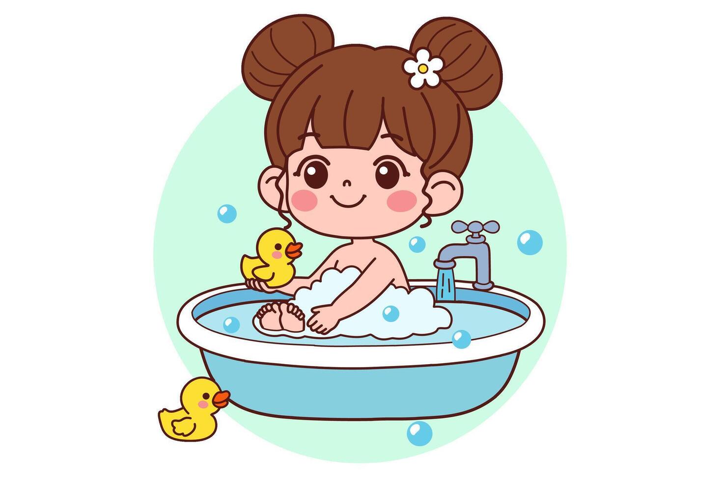A little girl is bathing with soap bubbles. vector