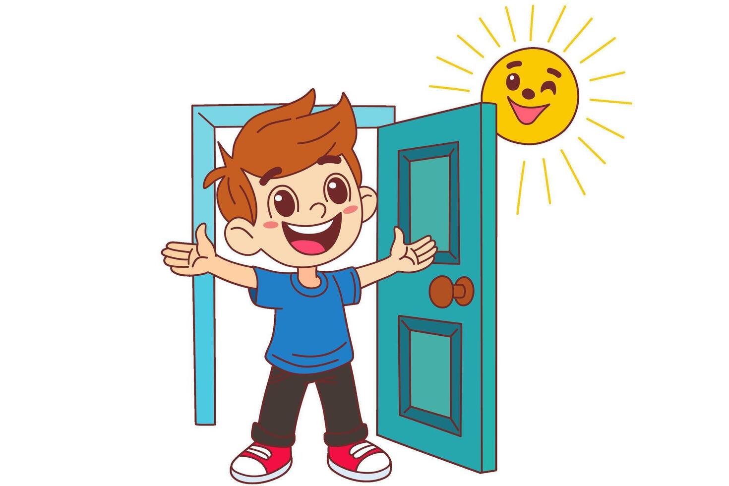 A child is opening the door to welcome a new day. vector