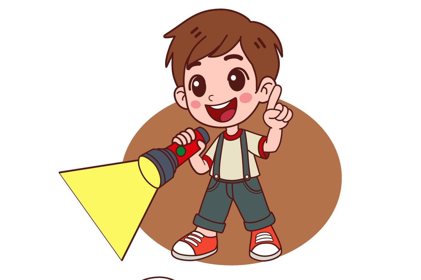A boy in a white shirt is turning on a flashlight. vector