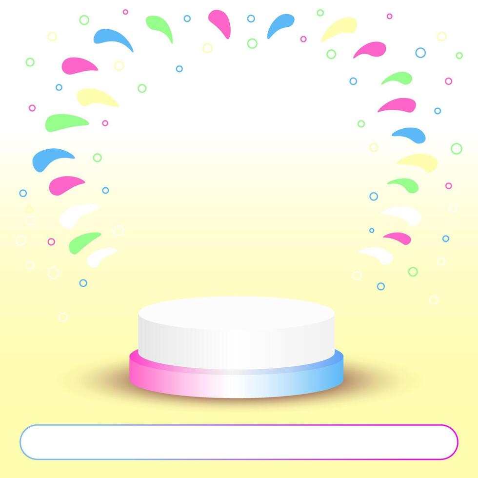Celebration banner design with pastel colored confetti and podium for displaying products vector