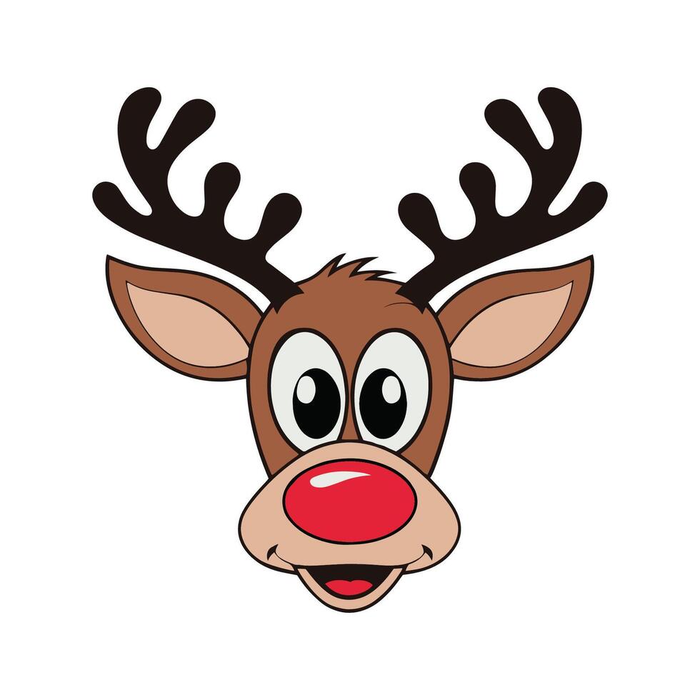 An adorable reindeer cartoon with a red nose and large eyes, ideal for adding charm to Christmas cards, decorations, or kids illustrations. vector