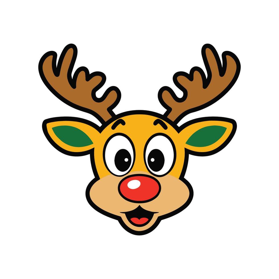 A whimsical cartoon reindeer with a bright red nose and expressive big eyes, perfect for holiday cards, decorations, or children illustrations. vector