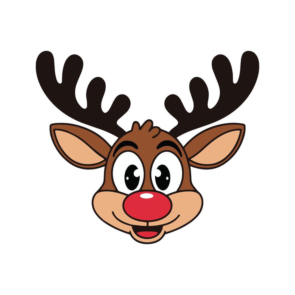 This adorable cartoon reindeer has big, sparkling eyes and a cute red nose, making it perfect for Christmas cards, festive decorations, or children illustrations. vector
