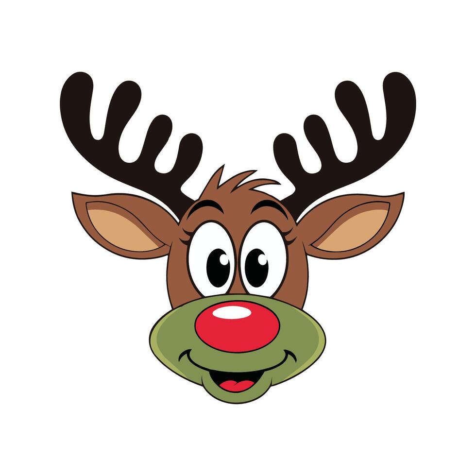 A lovable cartoon reindeer with big eyes and a red nose, perfectly suited for holiday cards, festive decorations, or illustrations for kids. vector