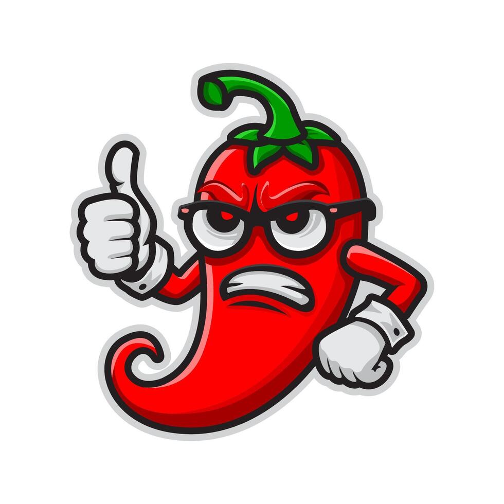 Red Chili character wearing glasses, angry expression and thumbs up vector