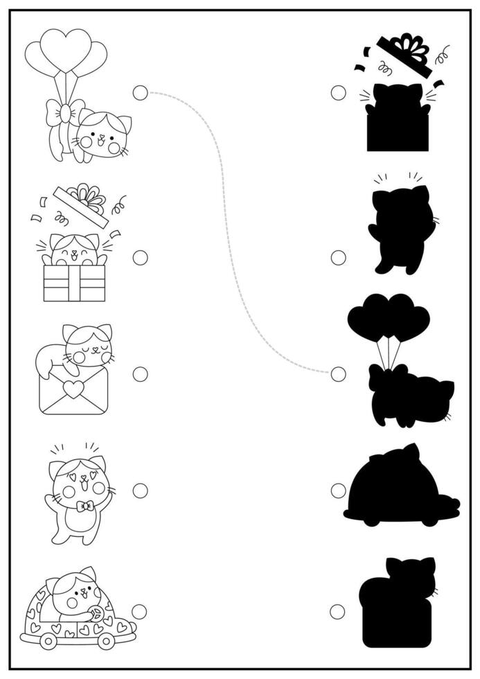 Saint Valentine black and white shadow matching activity with cats. Love holiday shape recognition line puzzle with kawaii animals. Find correct silhouette printable worksheet, coloring page vector