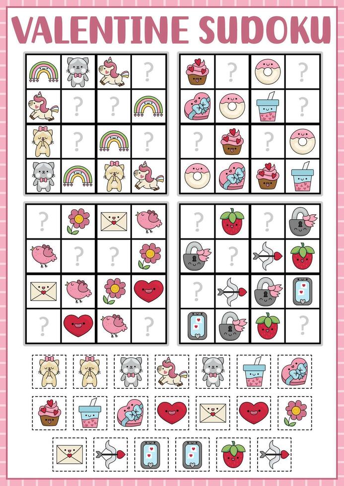 kawaii Saint Valentine sudoku puzzle for kids with pictures. Simple love holiday quiz with cut and glue elements. Education activity with heart, unicorn, flower, sweet box. Find missing objects vector