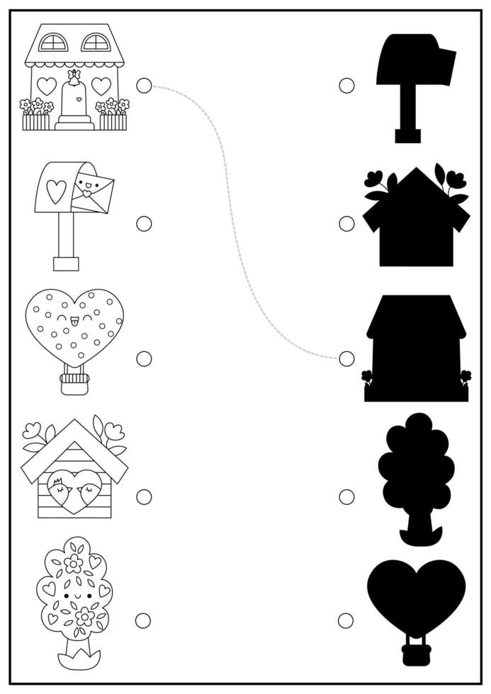 Saint Valentine black and white shadow matching activity. Love holiday shape recognition kawaii puzzle. Find correct silhouette printable worksheet, coloring page for kids with house, tree vector