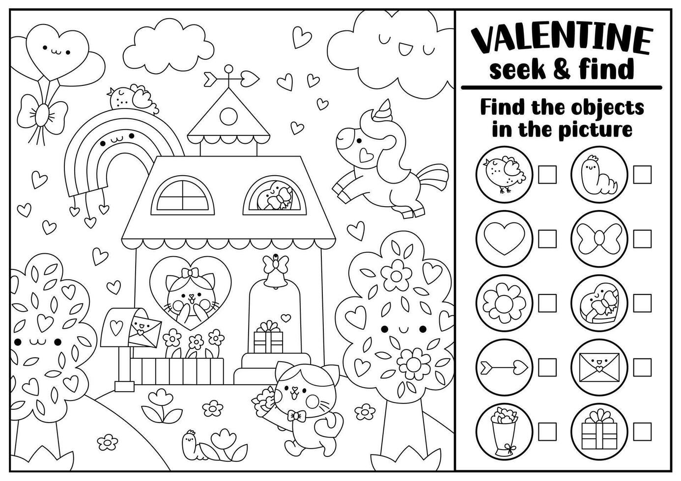Saint Valentine black and white searching game with house and kawaii character. Spot hidden objects coloring page. Simple love holiday seek and find activity with unicorn, cupid, hearts vector