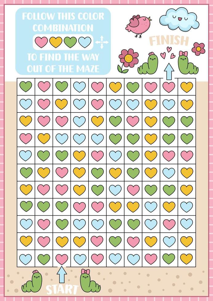 Saint Valentine maze, color recognition, seek and find game with hearts. Attention skills training puzzle. Kawaii printable activity for kids. Logical searching puzzle. Follow color combination vector