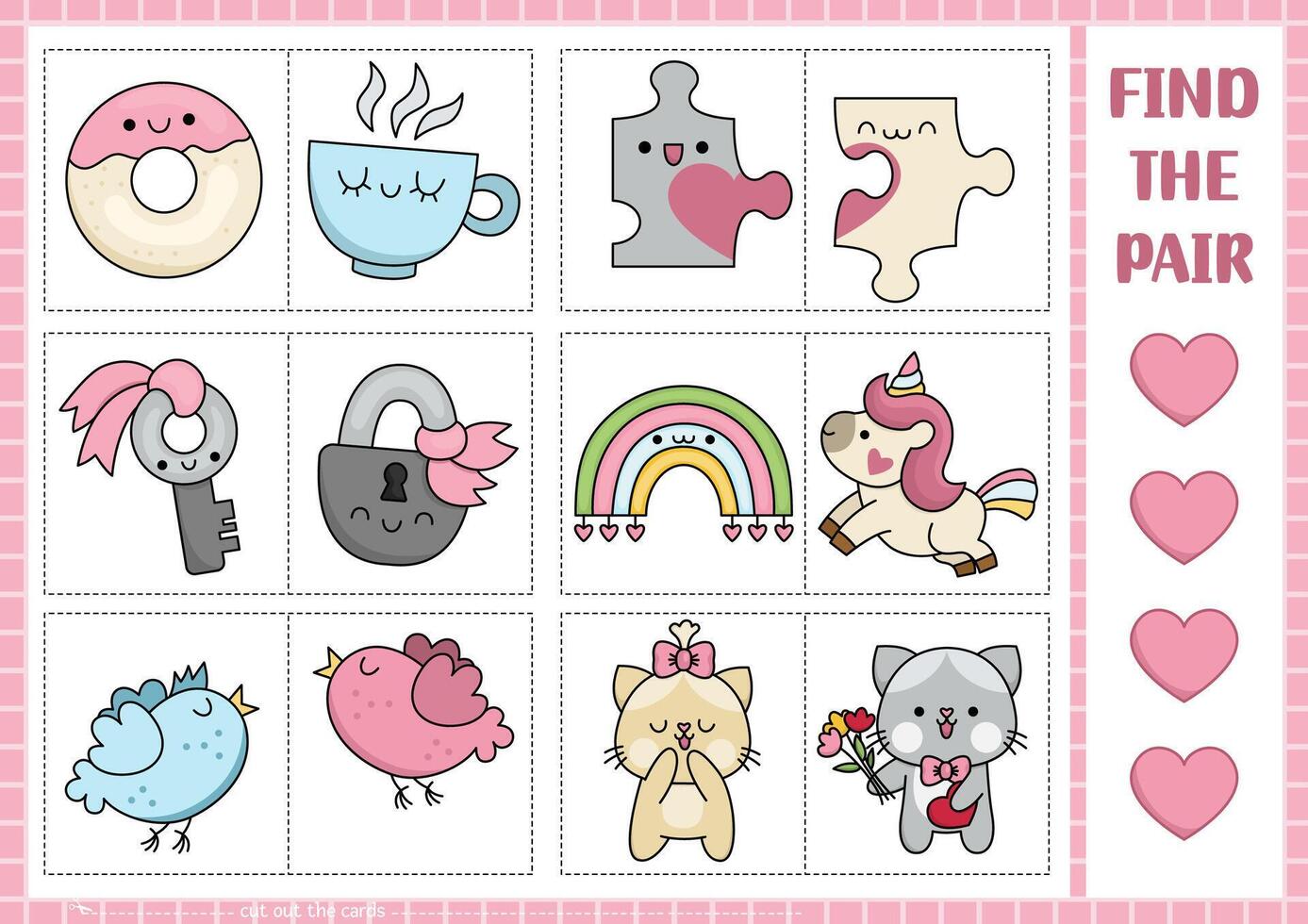 Saint Valentine mix and match puzzle with cute kawaii characters. Matching love holiday activity for kids. Educational game with cats, puzzle pieces. Find the pair. Perfect match concept vector