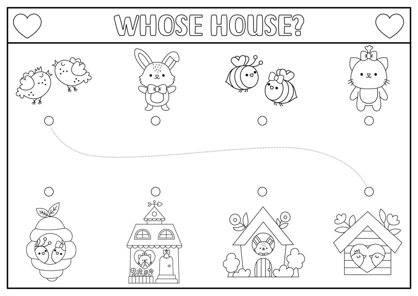 Saint Valentine black and white matching activity with kawaii character, homes. Fun love holiday puzzle with cat, birds, bunny, bumblebee. Printable worksheet, game, coloring page for kids vector