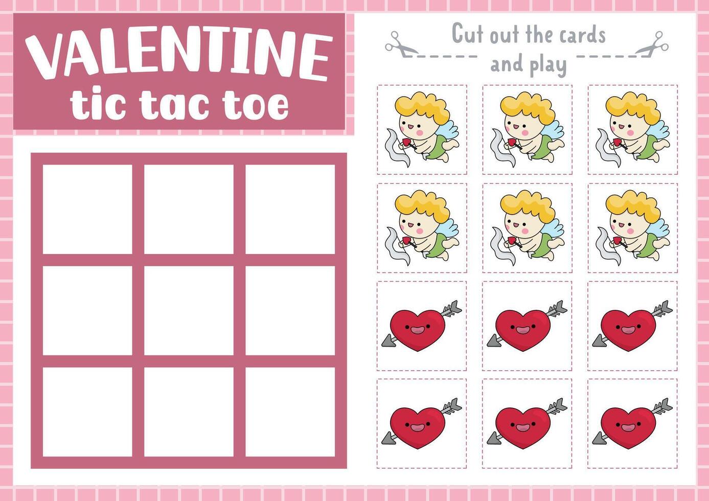 Saint Valentine tic tac toe chart with cupid and heart with arrow. Kawaii board game playing field with cute characters. Funny love holiday printable worksheet. Noughts and crosses grid vector