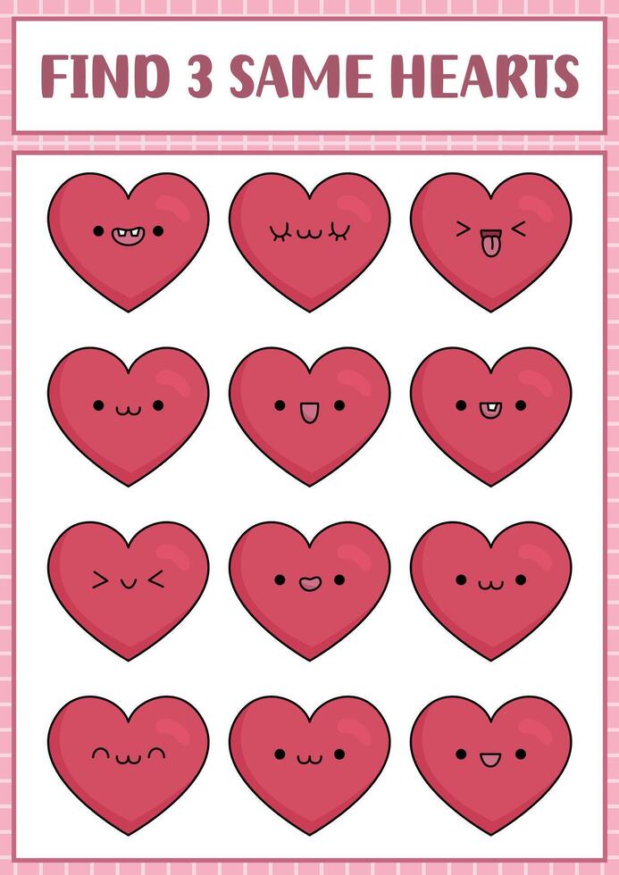 Find two same hearts. Saint Valentine kawaii matching activity for children. Love holiday educational quiz worksheet for kids for attention skills. Simple printable game with cute kittens vector