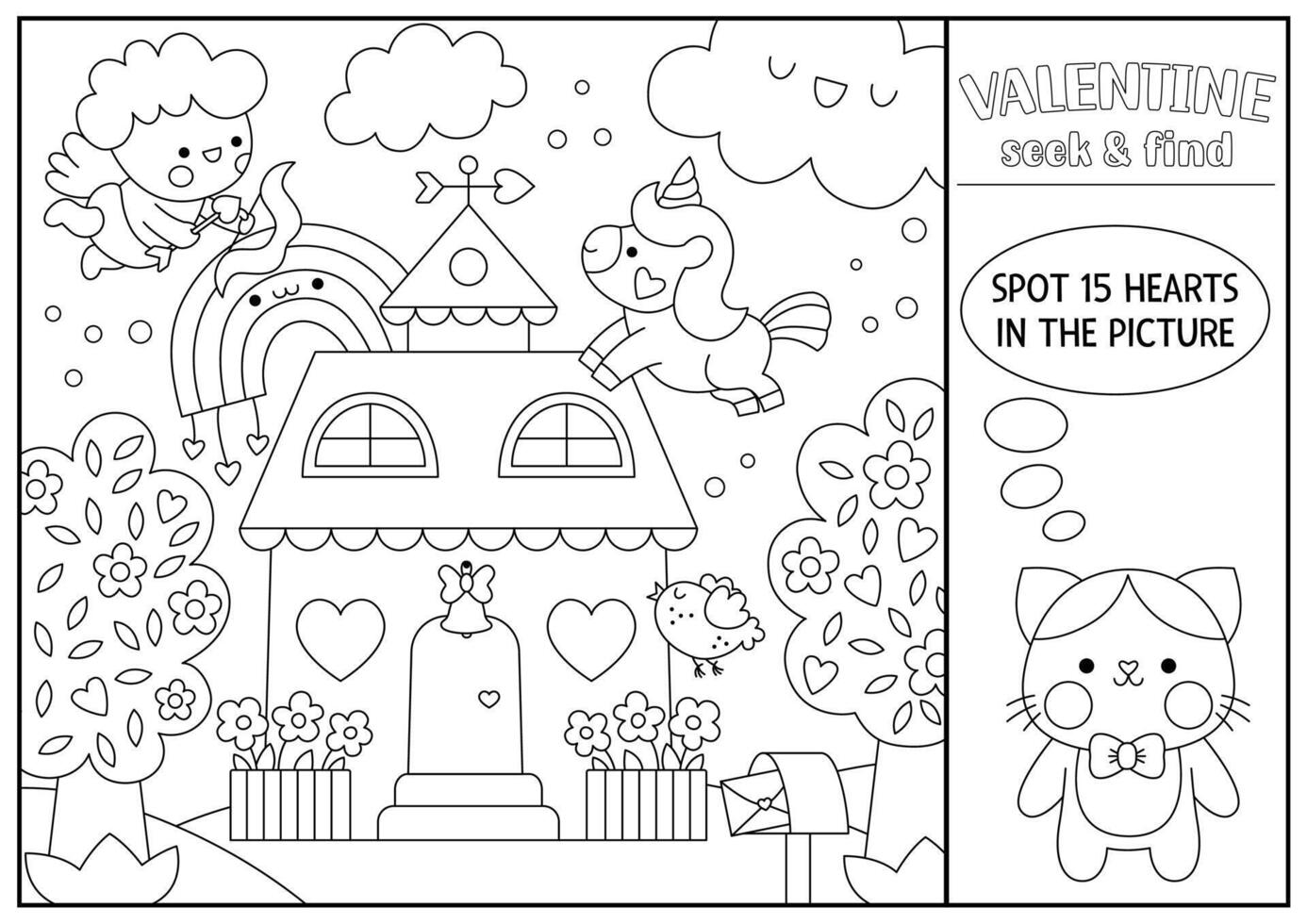 Saint Valentine black and white searching game with house and kawaii characters. Spot hidden object. Simple love holiday seek and find activity, coloring page with unicorn, cat couple, heart vector
