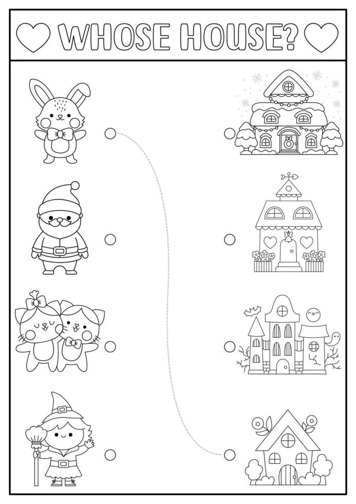 Holiday black and white matching activity for children with kawaii characters and their homes. Fun puzzle with line Santa Claus, bunny, witch, cats. Worksheet, game, coloring page for kids vector