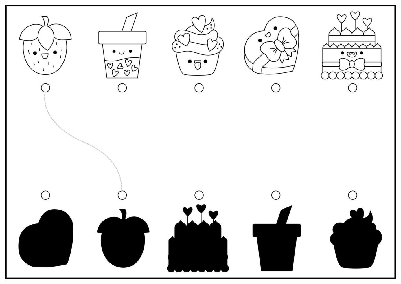 Saint Valentine black and white shadow matching activity with sweet food. Love holiday kawaii puzzle. Find correct silhouette printable worksheet, coloring page with cupid, heart, birds vector