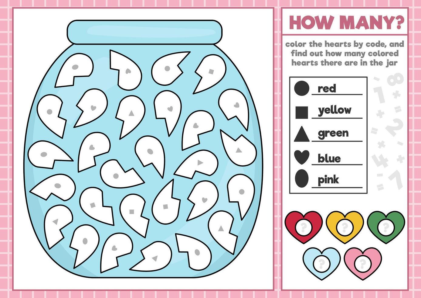 Saint Valentine coloring and math puzzle with jar and hearts. Logical printable counting activity for kids. Love holiday worksheet with cute symbol. Original shape recognition game for children vector