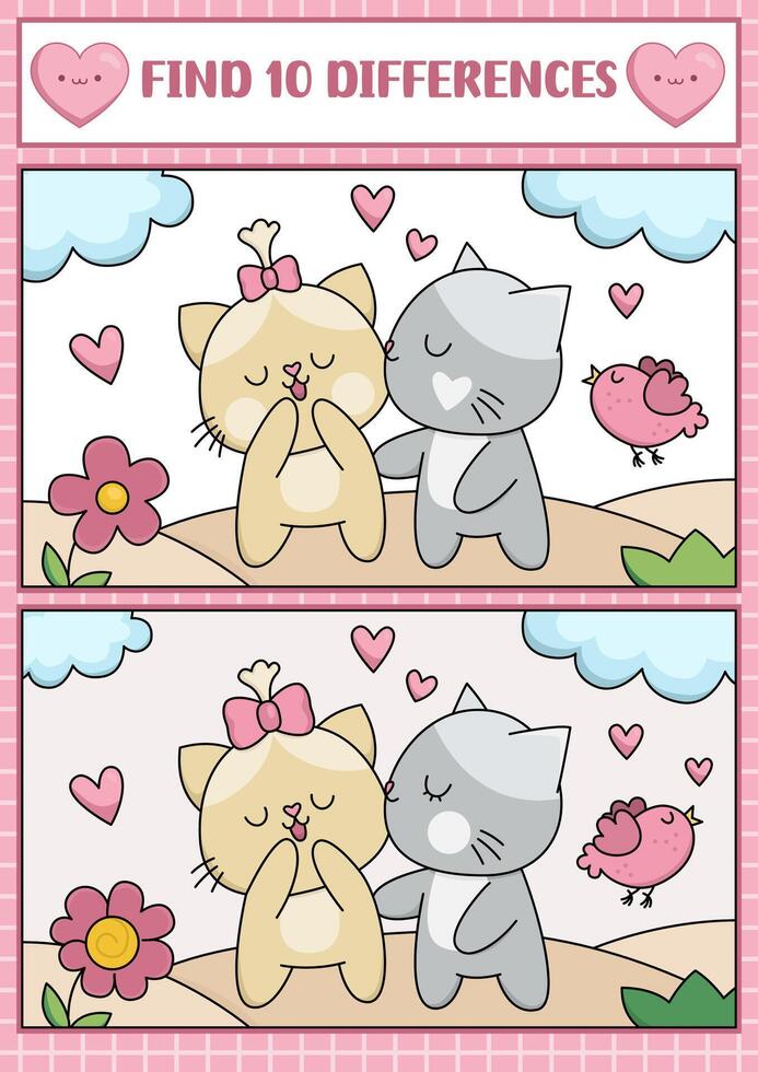 Saint Valentine kawaii find differences game for children. Attention skills activity with scene with cute cat couple. Love holiday puzzle for kids. Printable what is different worksheet vector