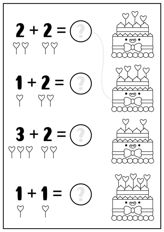 Saint Valentine black and white counting, matching game with kawaii cake with heart on stick. Love holiday line math activity for kids. Educational printable counting worksheet, coloring page vector